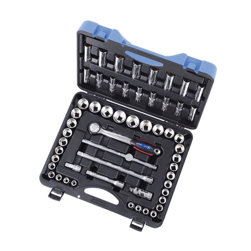 JET 600341 Socket Wrench Set, ANSI Specified, Canadian Government Specification CDA39-GP-12b, US Federal Specification GGG-W-641E, 6 Points, 1/2 in Drive, 55 Pieces, Blow Mold Case with Removable Lid Container
