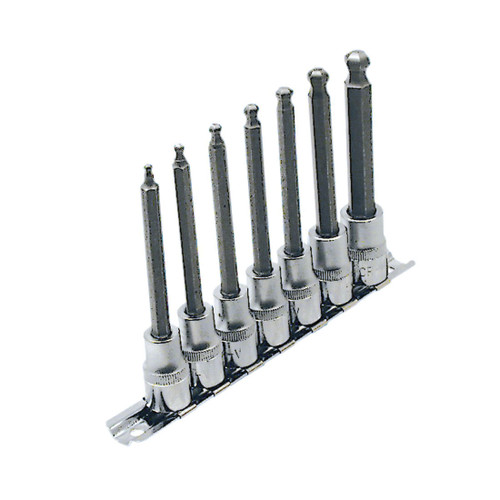 JET 601804 Extra Long Ball Nose Hex Bit Socket Set, ANSI Specified, Canadian Government Specification CDA39-GP-12b, US Federal Specification GGG-W-641E, 3/8 in Drive, 7 Pieces