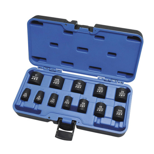 JET 610207 Socket Set, ANSI Specified, US Federal Specification GGG-W-660A, 6 Points, 3/8 in Drive, 12 Pieces, Included Socket Size: 5/16 in, 3/8 in, 7/16 in, 1/2 in, 9/16 in, 5/8 in, 11/16 in, 3/4 in, 13/16 in, 7/8 in, 15/16 in, 1 in (Standard)