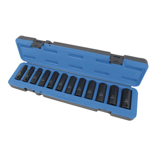 JET 610310 Socket Set, ANSI Specified, US Federal Specification GGG-W-660A, 6 Points, 1/2 in Drive, 12 Pieces, Included Socket Size: 10 mm, 12 mm, 13 mm, 14 mm, 15 mm, 16 mm, 17 mm, 18 mm, 19 mm, 21 mm, 22 mm, 24 mm (Deep), Blow Molded Case Container