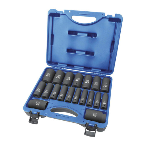 JET 610329 Socket Set, ANSI Specified, US Federal Specification GGG-W-660A, 6 Points, 1/2 in Drive, 19 Pieces, Blow Mold Case with Removable Lid Container