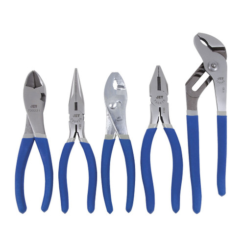 JET 730341 Mechanics Pliers Set, Angle Head Cutter, Linemans, Long Nose, Groove Joint, Slip Joint, 5 Pieces, 8 in OAL, ANSI Specified