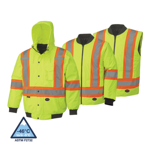 PIONEER V1120360-L 7-in-1 Safety Bomber, Womens, L, Hi-Viz Yellow/Green, 300D PU Coated Oxford Polyester, Resists: Water and Wind, CSA Z96-15 Class 2 Level 2, ANSI/ISEA 107-15 Class 3 Type P/R, Detachable Hood