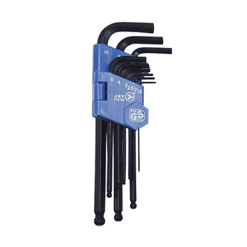 JET 775184 Ball Nose Hex Key Set, 9 Pieces, 1.5 to 10 mm Hex, ANSI Specified, Chrome Vanadium Steel