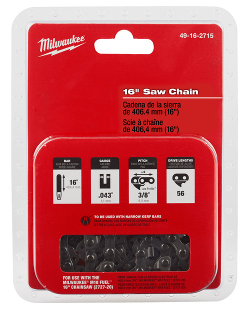 Milwaukee 49-16-2715 Replacement Saw Chain, 16 in L, 0.043 in, 3/8 in Pitch, Steel, Black