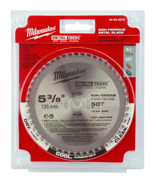 Milwaukee MetalTech 48-40-4075 Circular Saw Blade, 5-3/8 in Dia x 0.05 in THK, 20 mm Arbor, Alloy Steel Blade, 50 Teeth