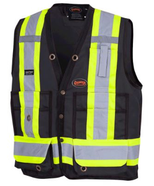 HI-VIS 150D POLY TWILL SURVEYOR'S SAFETY VEST - SNAP CLOSURE - BLACK - L