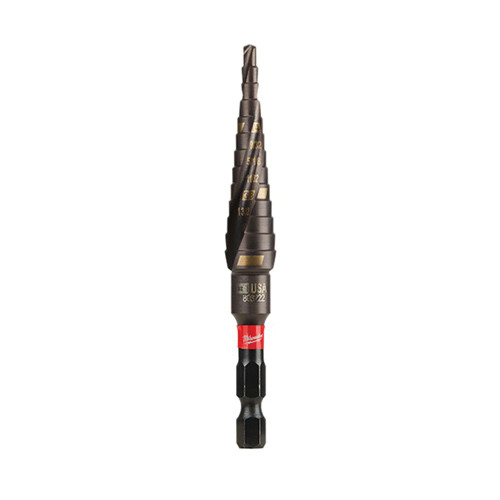 Milwaukee SHOCKWAVE Impact Duty 48-89-9244 Impact Step Drill Bit, 3/16 in Dia Min Hole, 7/8 in Dia Max Hole, 12 Steps, Titanium, 12 Hole Sizes, 1/4 in Shank