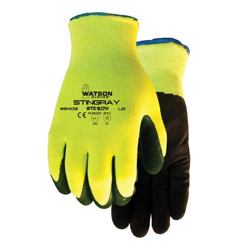 Stealth 9403-M 9403 Stingray General Purpose Gloves, Coated/Double Dipped/Work, Seamless Style, M, Sandy Foam Nitrile Palm, Sandy Foam Nitrile, Hi-Viz Yellow, Knit Wrist Cuff, Sandy Foam Nitrile Coating, Acrylic Thermal Lining