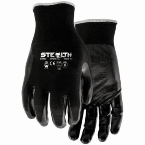 Stealth 390-L Ergonomic General Purpose Gloves, Coated/Work, Lightly Textured Style, L, Nitrile Palm, Seamless Nylon Knit, Black, Knit Wrist Cuff, Nitrile Coating, Resists: Abrasion and Puncture