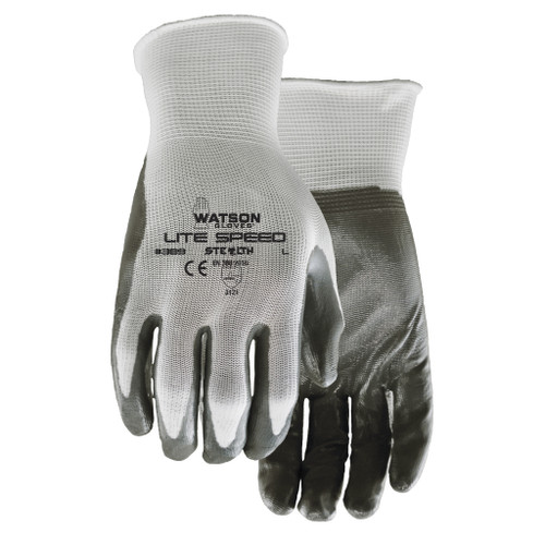 Stealth 389-L Lite Speed General Purpose Gloves, Coated, L, Nitrile Palm, White, Knit Wrist Cuff, Nitrile Coating, Resists: Abrasion, Blade Cut, Puncture and Tear, Nylon Lining, Open Back/Seamless