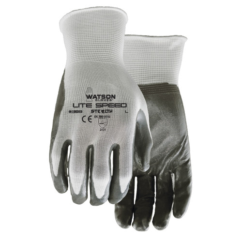 Stealth 389-S Lite Speed General Purpose Gloves, Coated, S, Nitrile Palm, White, Knit Wrist Cuff, Nitrile Coating, Resists: Abrasion, Blade Cut, Puncture and Tear, Nylon Lining, Open Back/Seamless