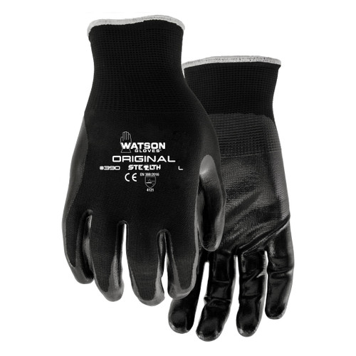 Stealth 390-S Original General Purpose Gloves, Coated, S, Nitrile Palm, Nylon, Knit Wrist Cuff, Nitrile Coating, Resists: Abrasion, Blade Cut, Puncture and Tear, Open Back/Seamless