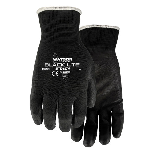Stealth 391-L Black Lite General Purpose Gloves, Coated, L, Polyurethane Palm, Polyester, Black, Knit Wrist Cuff, Polyurethane Coating, Resists: Abrasion, Blade Cut, Puncture and Tear, Nylon Lining, Open Back/Wing Thumb