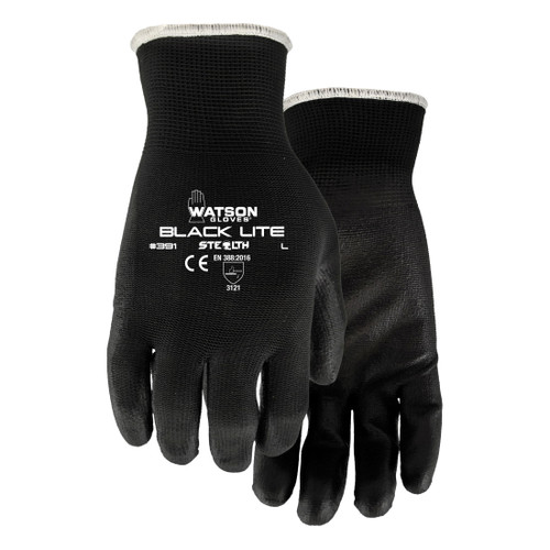 Stealth 391-XL Black Lite General Purpose Gloves, Coated, XL, Polyurethane Palm, Polyester, Black, Knit Wrist Cuff, Polyurethane Coating, Resists: Abrasion, Blade Cut, Puncture and Tear, Nylon Lining, Open Back/Wing Thumb