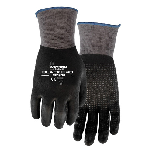 Stealth 395-L Blackbird General Purpose Gloves, Coated, L, Nitrile Palm, Nylon, Black, Knit Wrist Cuff, Microfoam Nitrile Coating, Resists: Abrasion, Blade Cut, Puncture and Tear, Wing Thumb