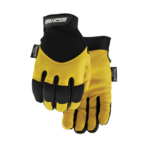 Watson 9005W-S Flextime General Purpose Gloves, Leather Palm, Straight Thumb Style, S, Full Grain Goatskin Leather Palm, Spandex, Black/Tan, Resists: Water, C40 Thinsulate Lining