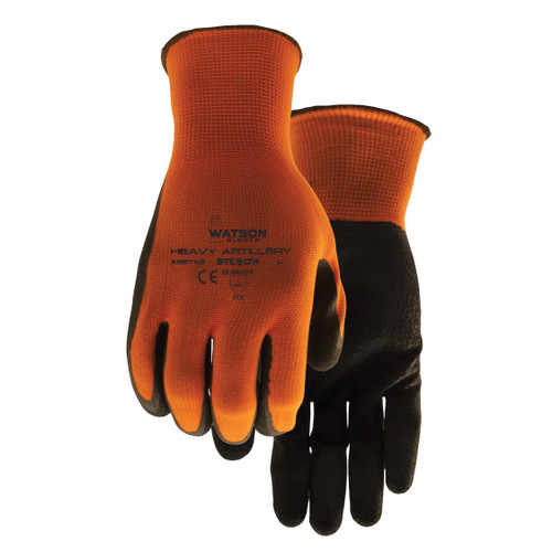 Watson 397X6-L Stealth Heavy Artillery General Purpose Gloves 397X6, Open Back/Sure-Grip Style, L, Crinkle Latex Palm, 13 gg Polyester, Hi-Viz Orange, Knit Wrist Cuff, Latex Coating, Resists: Dirt and Debris