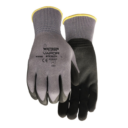Stealth 336-L 336 Vapor General Purpose Work Gloves, General Purpose, Straight Thumb Style, L, PFT Palm, Yarn, Black/Gray, Knit Wrist Cuff, PFT Coating, Resists: Abrasion, Cut, Dry, Oily, Tear, Puncture and Wet, Kool Knit Yarn Lining