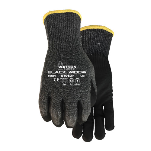 Stealth 384-L Widow Cut-Resistant Gloves, L, Polyurethane Coating, HPPE/Steel/Glass/Nylon/Spandex, Knit Wrist Cuff, Resists: Cut and Puncture, ANSI Cut-Resistance Level: A6, ANSI Puncture-Resistance Level: 4