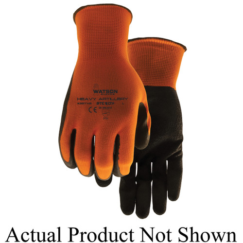 Stealth 397X6-X Heavy Artillery Gloves, Crinkled Grip/Straight Thumb Style, XL, Latex Palm, Latex/Polyester, Black/Hi-Viz Orange, Knit Wrist Cuff, Latex Coating