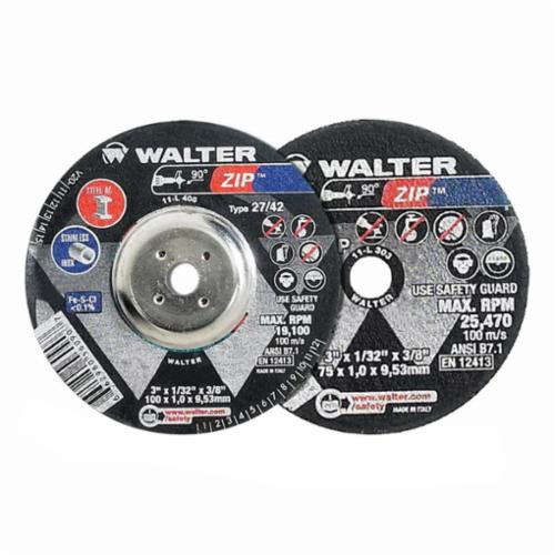 Walter Surface Technologies Zip 11T142 Zip High Performance Type 27 Cut-Off Wheel, 4-1/2 in Dia x 3/64 in THK, 7/8 in Center Hole, A-60-ZIP Grit, Aluminum Oxide Abrasive