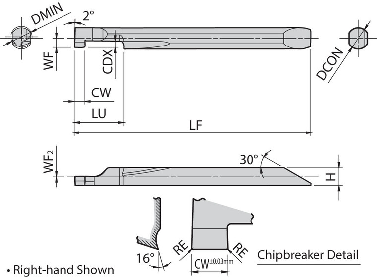 EZGR 040040150 GW05 Grade Uncoated Carbide, Micro Internal Grooving Bar