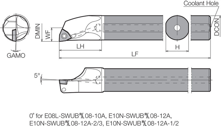E16XSWUPR1118A12 Right-Hand, Positive Rake, Coolant-Through Boring Bar