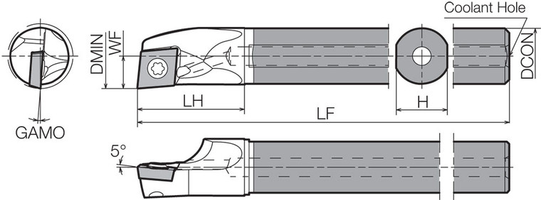 E10NSCLPL0812AN Left-Hand, Positive Rake, Coolant-Through Boring Bar