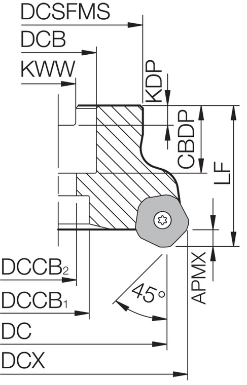 MFPN 452500R5T Inch Bore Diameter, 45 Degree Face Mill