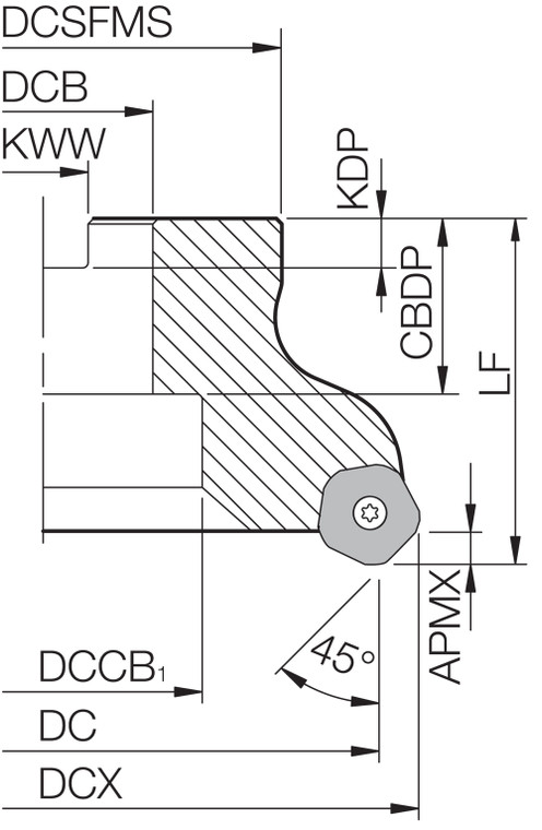 MFPN 455000R10T Inch Bore Diameter, 45 Degree Face Mill