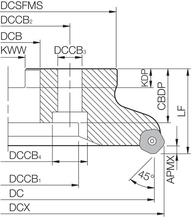 MFPN 458000R14T Inch Bore Diameter, 45 Degree Face Mill