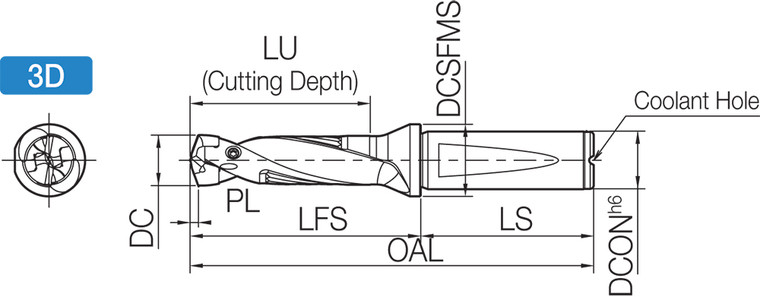 SF25DRA230M3, DRA Magic Drill 23.00-23.99mm Cutting Diameter, 3xD, Replaceable Tip Drill