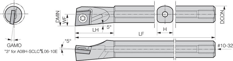 A05HSCLCR2E Right-Hand, Positive Rake, Coolant-Through Boring Bar