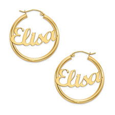 Nameplate script hoop tube earrings 14k yellow gold