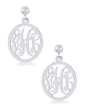 Monogram Script Three Letter Initial Oval Frame Dangle Drop Earrings sterling silver