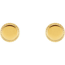 Rope design halo round disc shape personalized single letter engravable post earrings in 14K yellow gold.