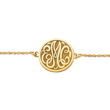 Monogram solid round disc bracelet with script initial letter details in 14k yellow gold.