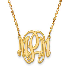 Circular etched outline monogram initial name plate necklace in 14K yellow gold. Circular etched outline monogram initial name plate necklace in 14K yellow gold.
