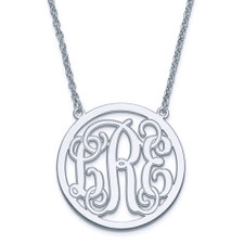 Etched circle monogram initial name plate necklace large in sterling silver.
