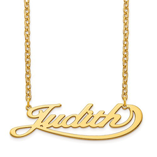 Connected polished name plate necklace in 14K yellow gold.