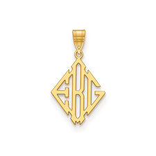 Diamond shape cut out monogram block letter pendant in 14K yellow gold.