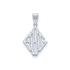 Diamond shape cut out monogram block letter pendant in sterling silver.