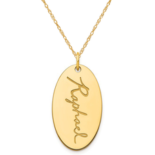 Cursive signature oval shaped pendant in 14k yellow gold.