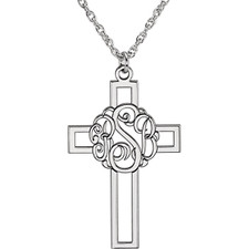 Monogram script cross necklace in sterling silver.