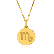 Scorpio Zodiac Sign Engraved Disc Pendant in 14K yellow gold. Scorpio Zodiac Sign Engraved Disc Pendant in 14K yellow gold.