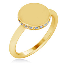 Round Disc Diamond Halo Signet Ring in 14K yellow gold.