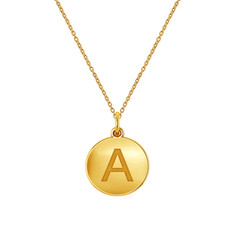 Capital letter disc initial pendant in 14k yellow gold with chain.