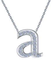 Lowercase 14mm letter diamond initial necklace in 14k white gold.