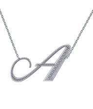 Uppercase cursive milgrain capital letter diamond initial necklace in 14k white gold.